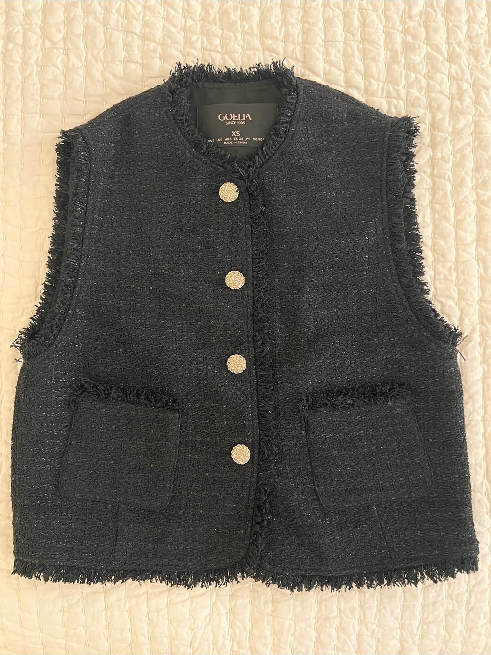 GOELIA SINCE 1995 Black Tweed Fringe Vest with Stunning Silver Buttons